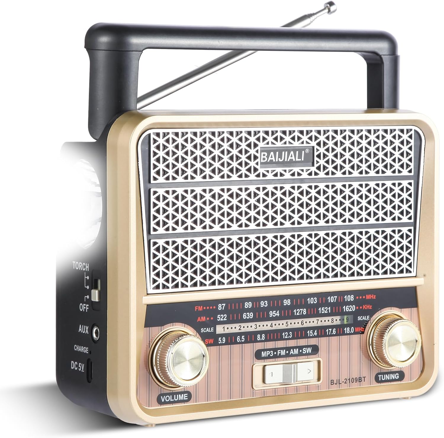 Portable AM/FM/SW Emergency Radio with Bluetooth - Vintage Battery Operated Radio, AC/D Battery, TF Card/USB Playback, Loud Sound for Home & Outdoors(BJL-2109BT)