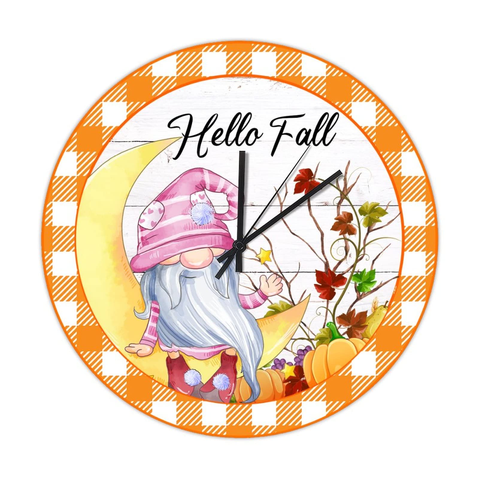 Horloge murale ronde en bois Hello Fall Gnome orange 38cm rustique et silencieuse