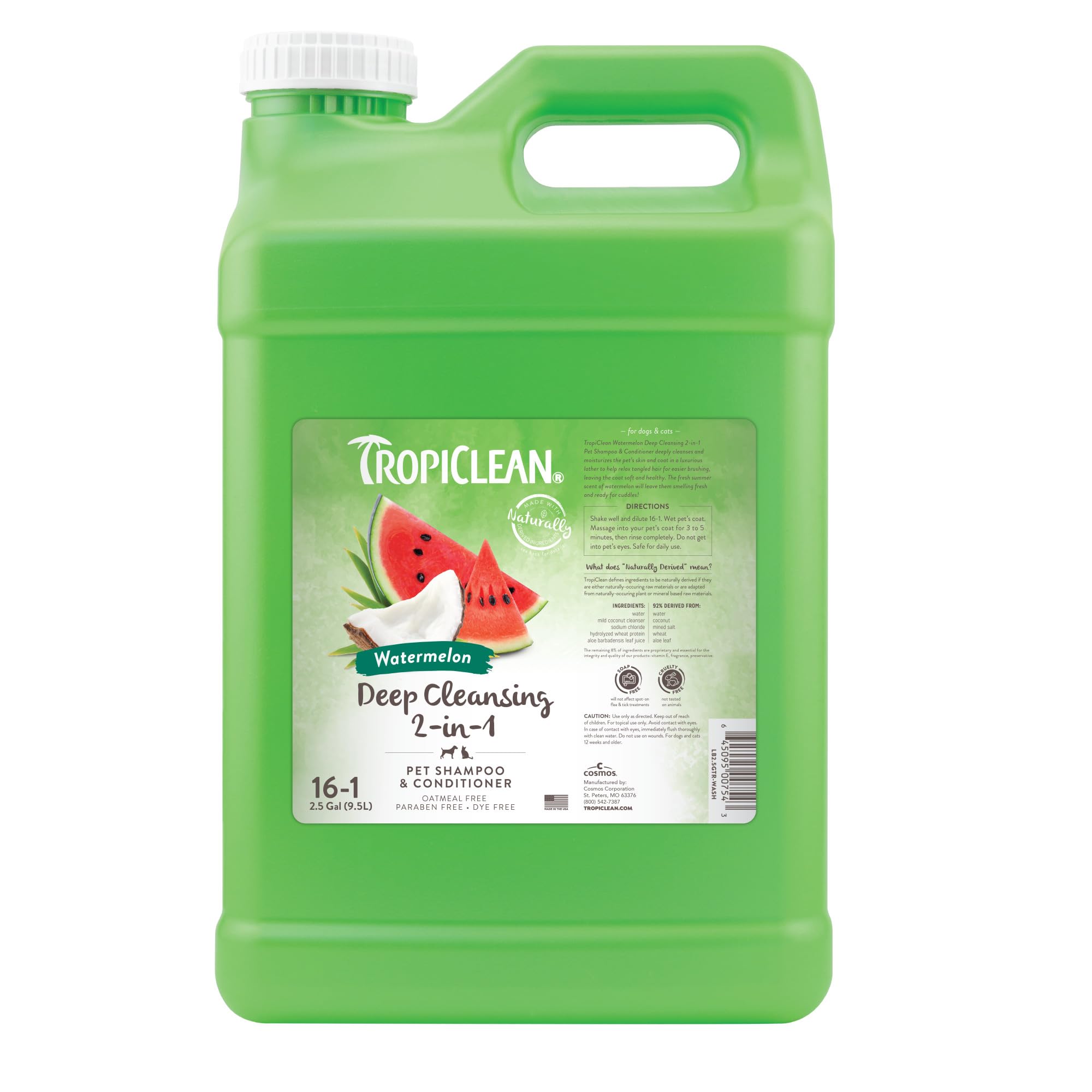 TropiClean 2-in-1 Dog Shampoo and Conditioner, Professional Dog Shampoo, Puppy Safe, Moisturizing Detangler, USA Made, Watermelon Scent, 2.5 Gallon