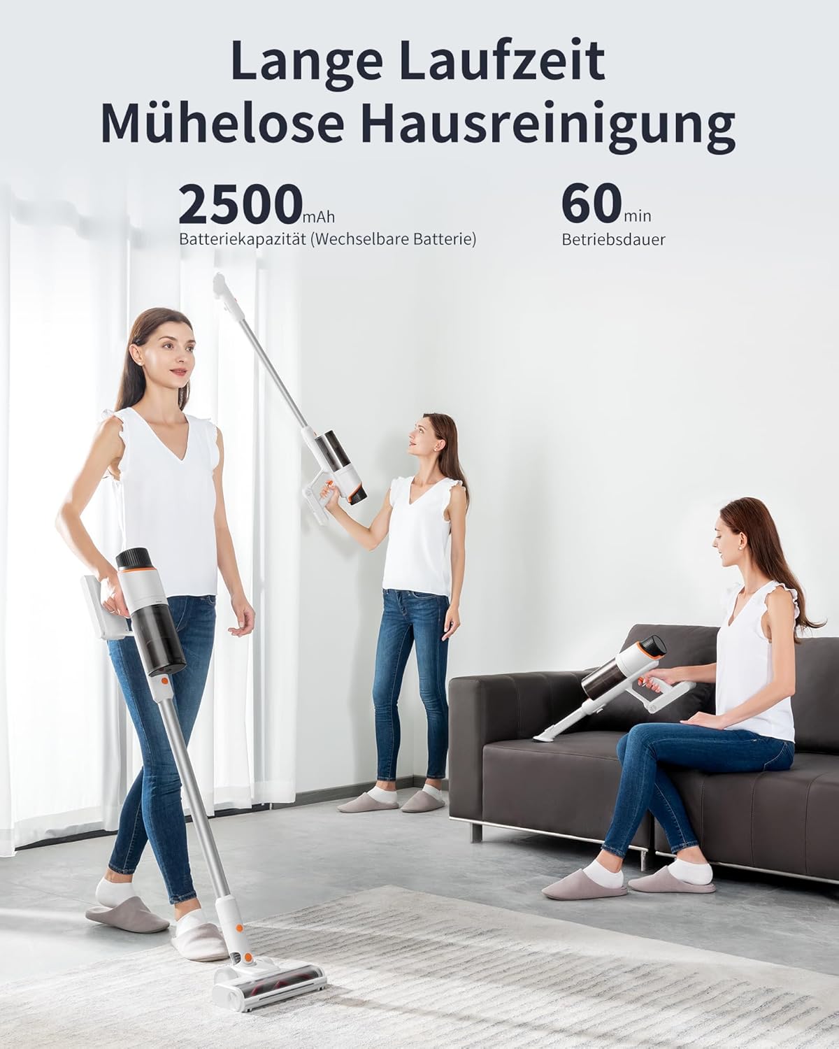 Three women using the JONR VC10 Pro cordless vacuum cleaner in different cleaning scenarios, highlighting 2500mAh battery and 60 minutes runtime