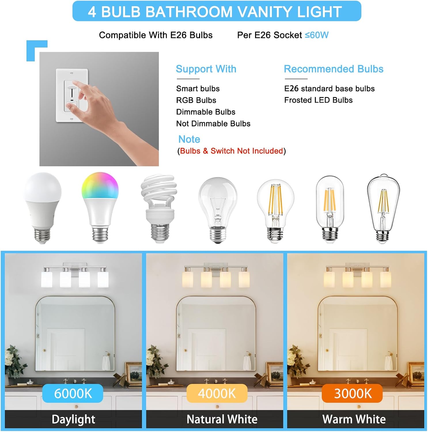 4 Light Bathroom Vanity Light Brushed Nickel Modern Bathroom Light Fixtures Nickel Vanity Lights with Eye-Friendly Milky White Frosted Glass Shades E26 Socket (Bulbs Not Included)