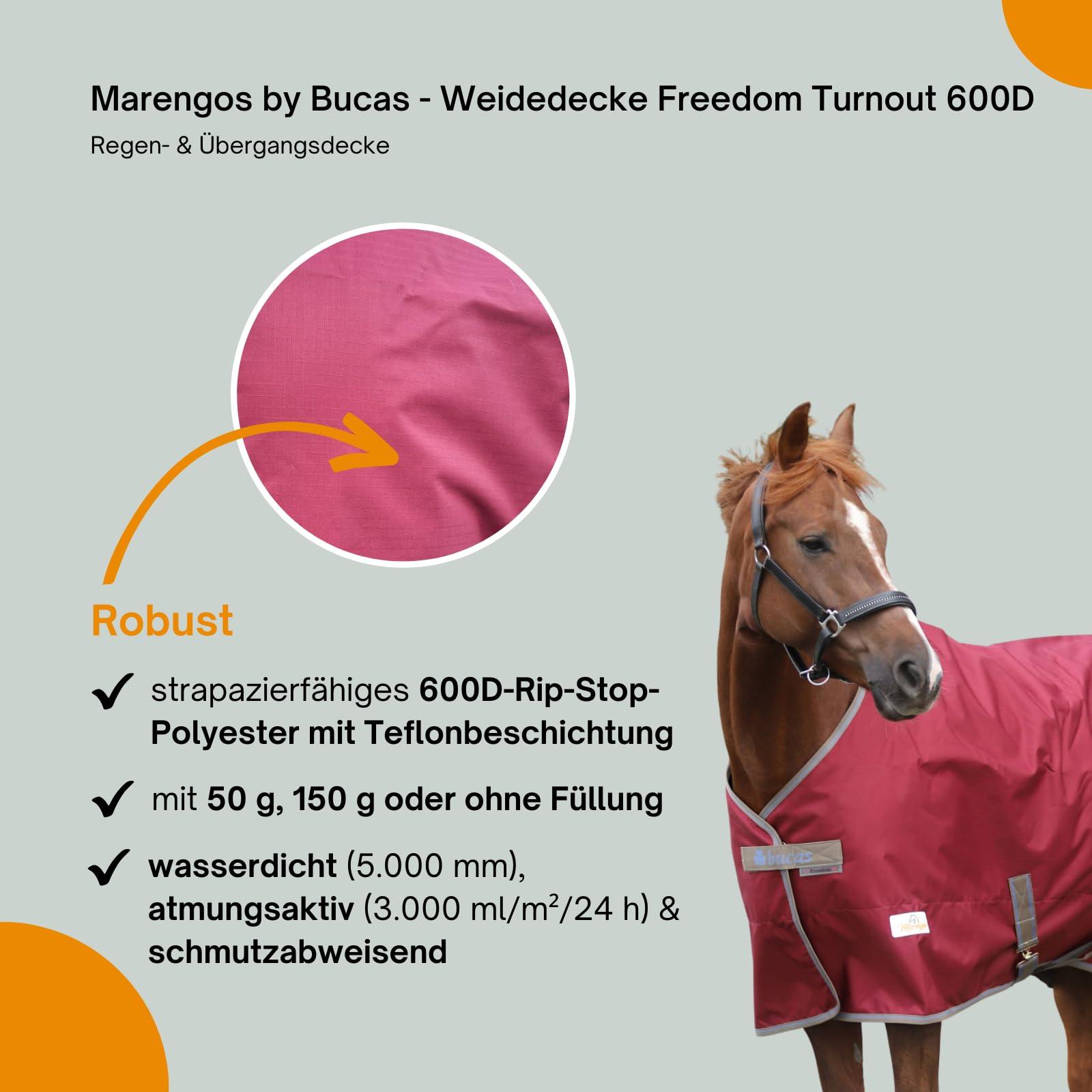 Marengos by Bucas - Weidedecke Freedom Turnout 600D – Regendecke & Übergangsdecke – wasserdichte Pferdedecke mit Innenfutter & Kreuzbegurtung – Weinrot/Dunkelblau – 155cm (ohne Füllung)