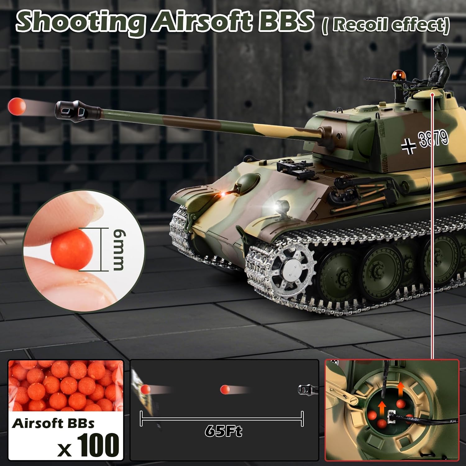 1/16 RC Tank, Heng Long German Panther Type G RC Battle Army Toy with Smoke, Sound, Lights, 2.4G Remote Control Tank That Shoot with Upgraded Metal Tracks, Idler and Sprocket Wheel, Steel Gearbox