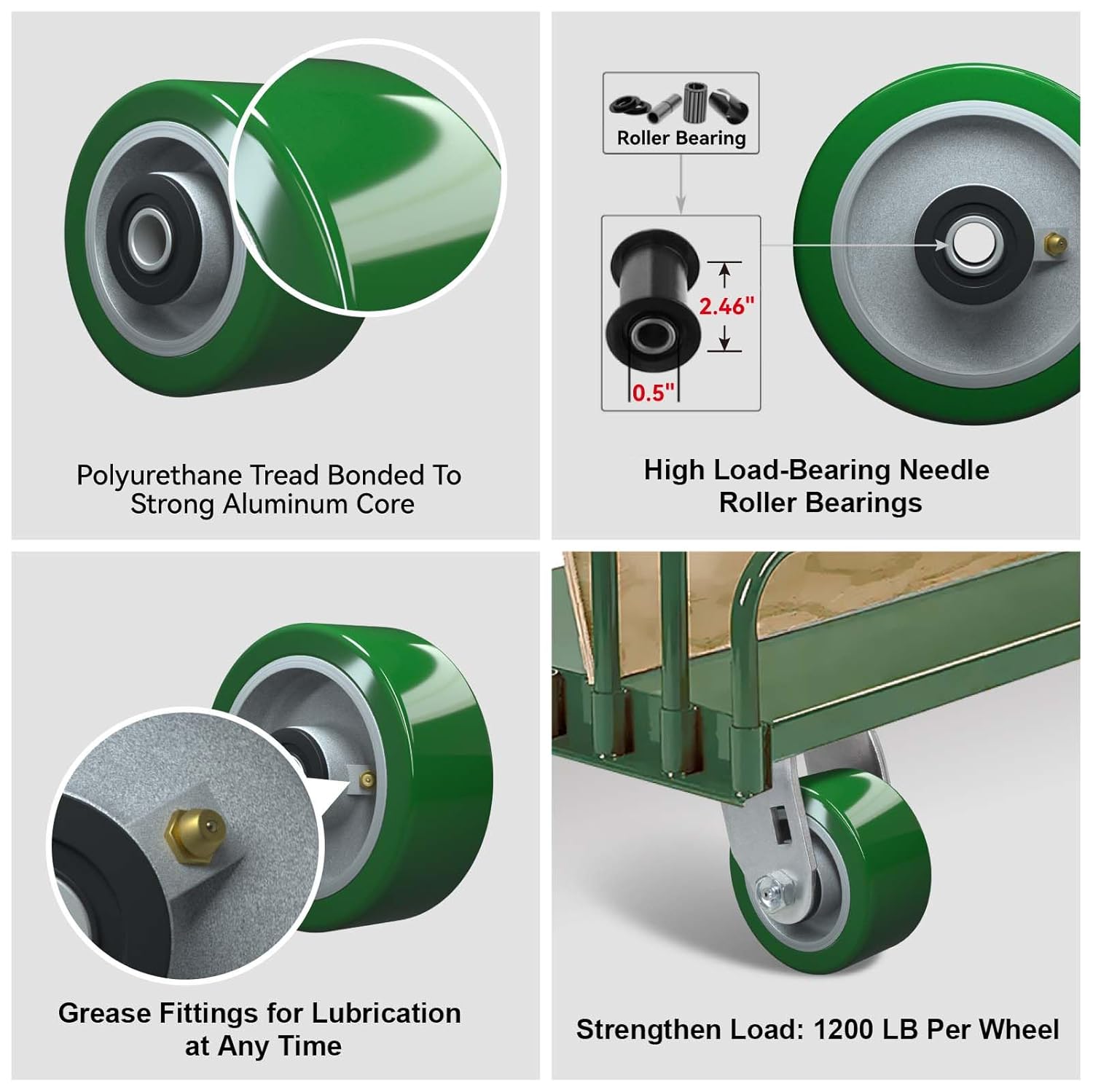 6" x 2" Industrial Casters, Polyurethane on Aluminum Wheel, Roller Bearing-1/2 Bore, Set of 4 Heavy Duty Caster Wheel with 4800 lbs Capacity(4 Pack)