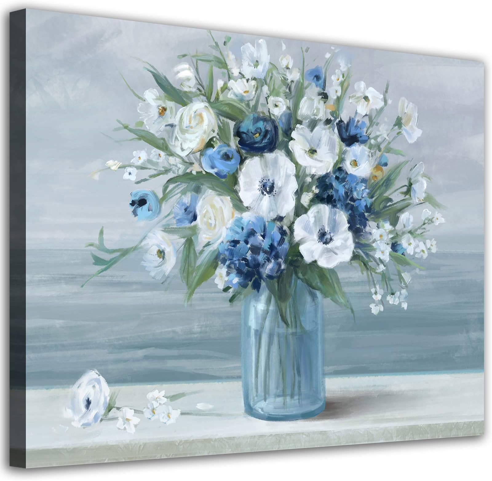 arteWOODSVintage Flowers Canvas Wall Art Blue White Blossom Canvas Painting Retro Flowers in Vase Canvas Pictures Blue Ocean Background Artwork Prints for Bathroom Bedroom Wall Decor 16" X 12"