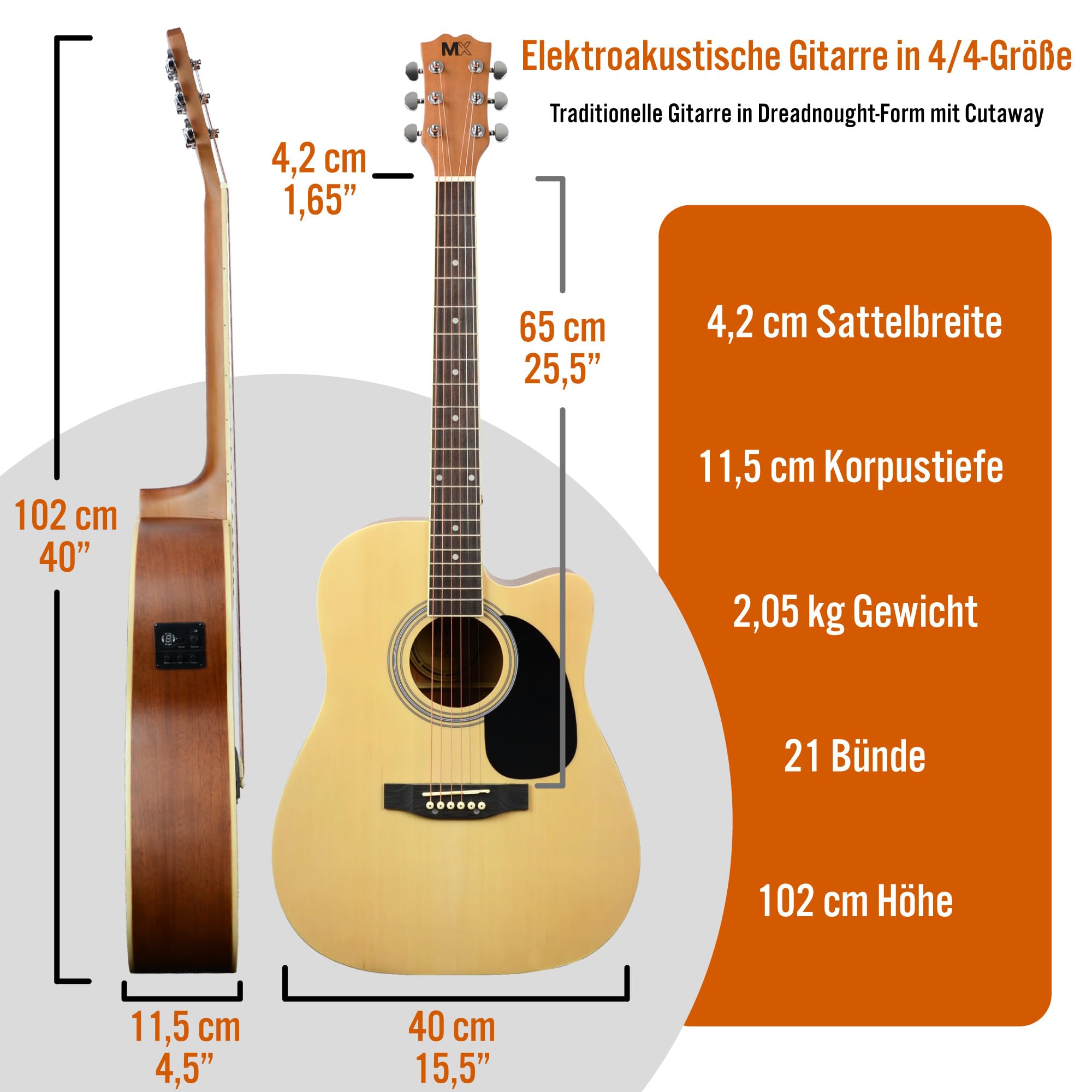 MX von 3rd Avenue Performance-Serie, elektroakustische Westerngitarre in Normalgröße, Gitarrenset mit Cutaway und Fichtenholzdecke in Natur