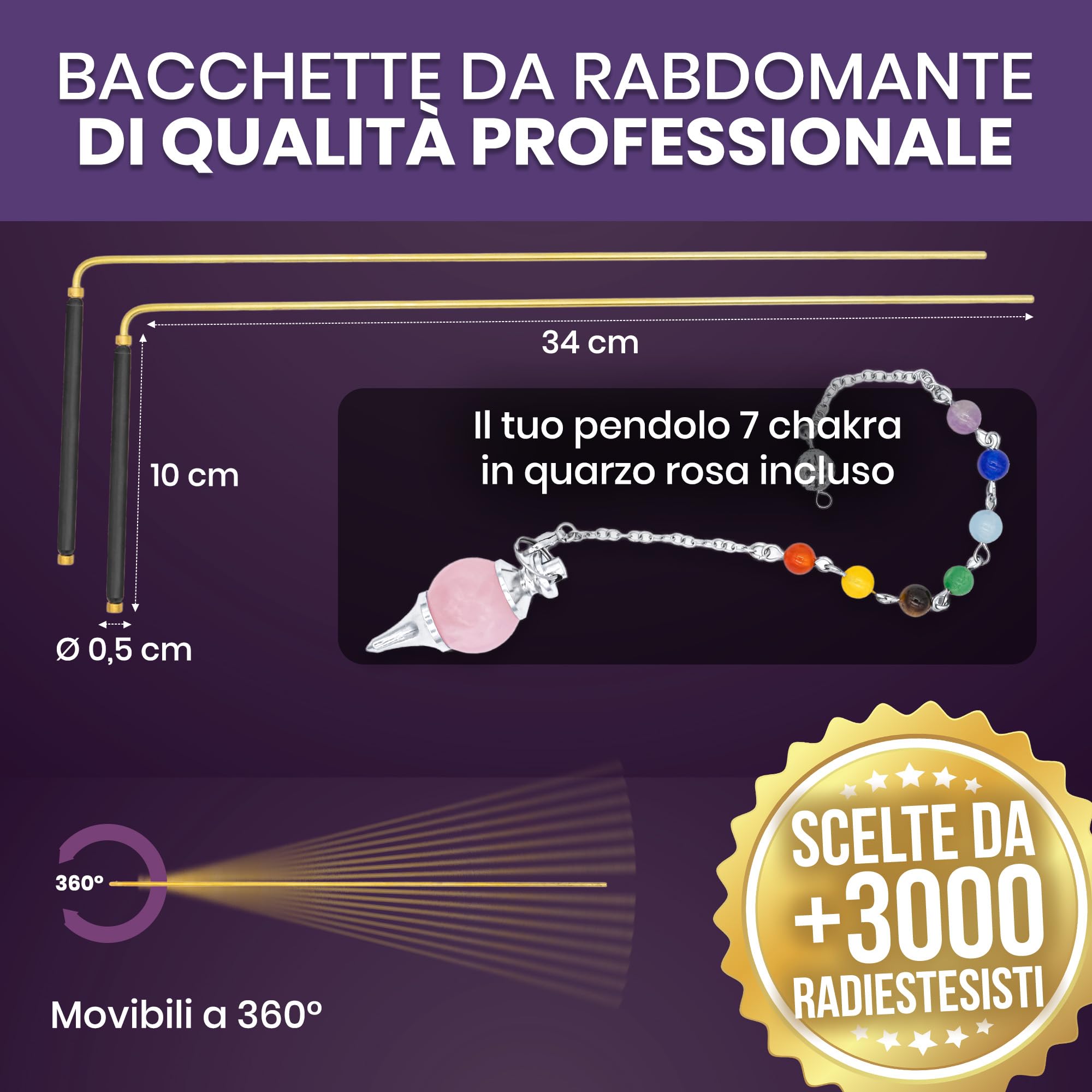 VIBRATIS Bacchette per cercatore con pendolo in quarzo rosa 7 chakra, kit di radiestesia in rame, precisione e affidabilità per geobiologia, paranormale e divinazione, marca francese