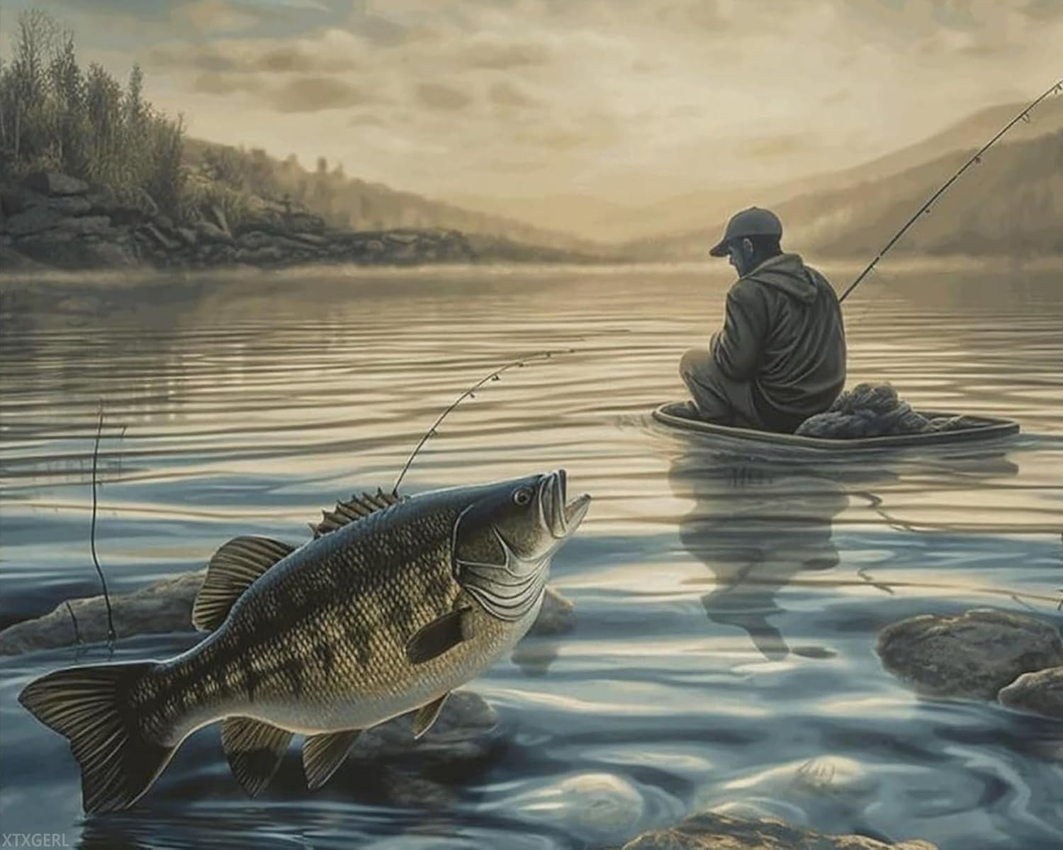 XTXGERL Digital Painting Kit, Lake Fish Fishing Print Adult Painting Set Paint by Numbers Paint Kit for Beginners Kit DIY Paint Set 16x20in
