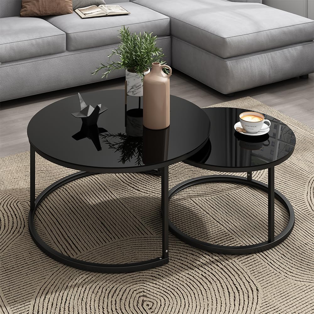 Vicco Conjunto de Mesa de Centro Montreal, Negro Brillo Intenso, 77 x 77 cm 2 Partes, Plegable para Ahorrar Espacio y combinable de Forma versátil