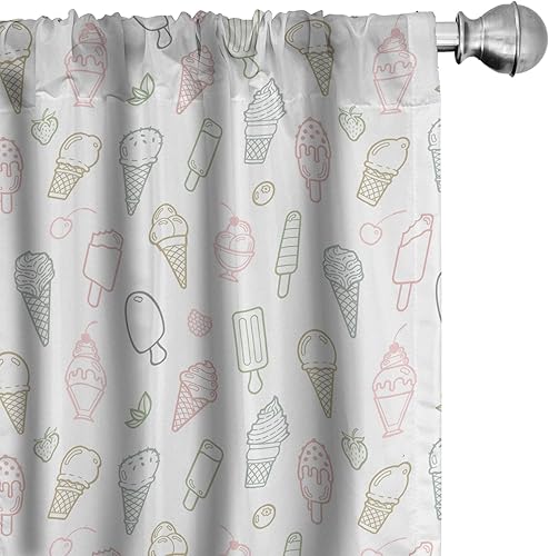 Ambesonne Cortinas para ventana de helado, diferentes tipos de helado, diseño de color pastel, diseño de contornos retro, decoración ligera, juego