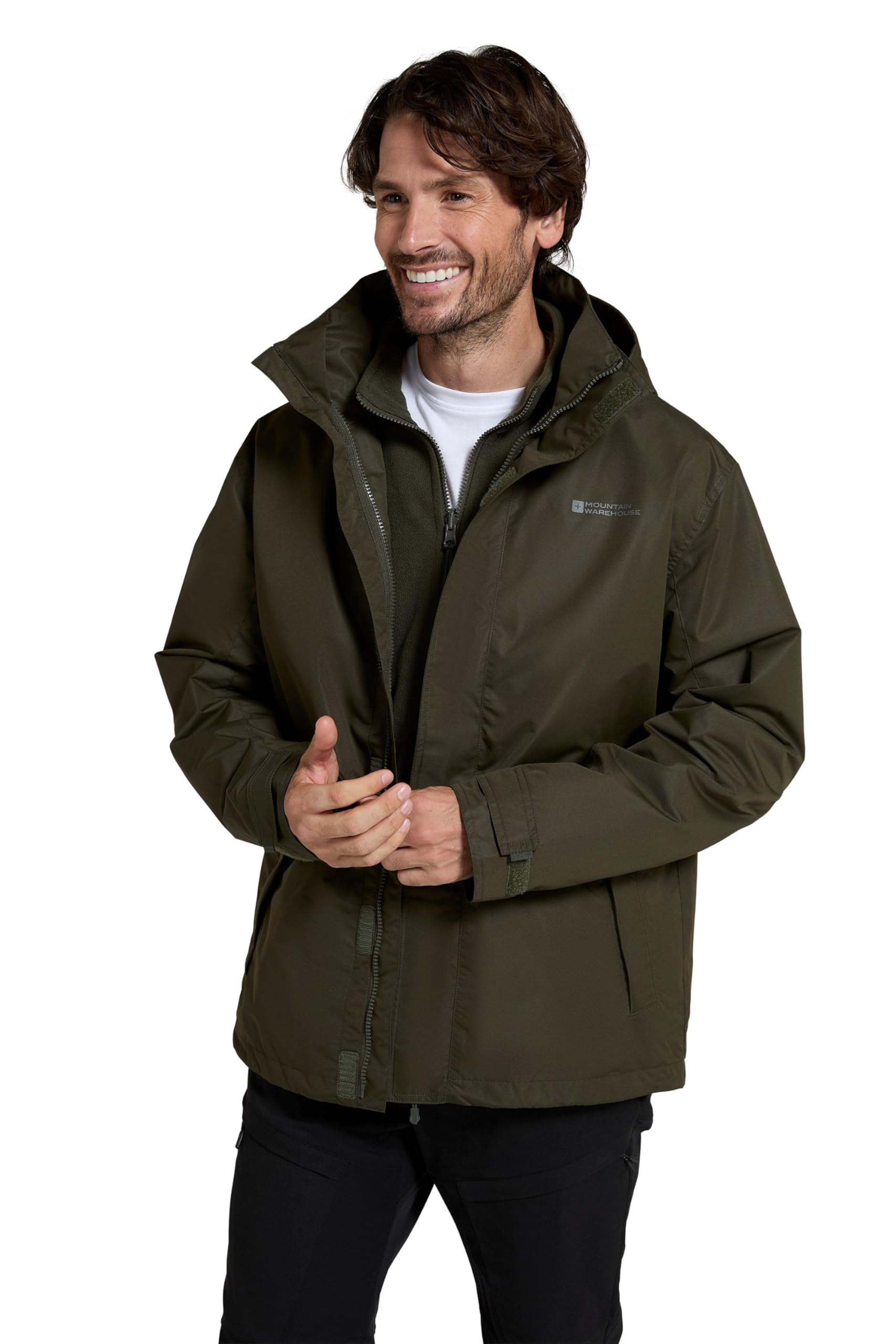 Mountain Warehouse Fell Mens 3 in 1 Water Resistant Jacket - Adjustable Coat, Packaway Hood, Detachable Inner Fleece, Many Pockets - Spring Summer, Outdoors Dark Khaki 3XL
