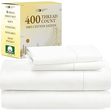 California Design Den 400 TC 100% Cotton Sheets, King, Ivory