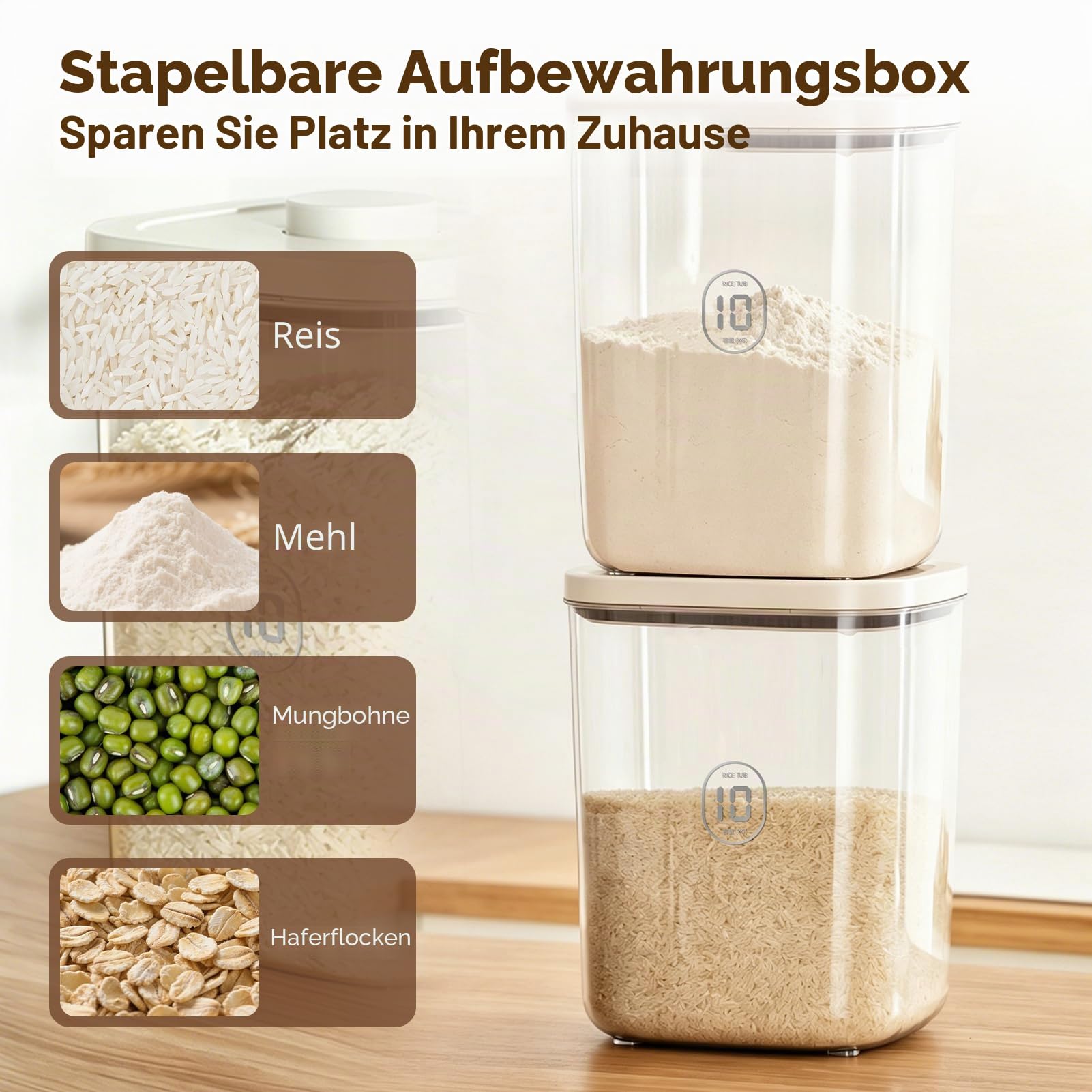 Reis Aufbewahrung 10KG mit Messbecher, Trockenfutter Aufbewahrungsbox 11 Liter, Transparent Vorratsdosen mit Deckel Luftdicht Müslispender, Plastik Getreidevorratsbehälter Küche Mehl, Reis