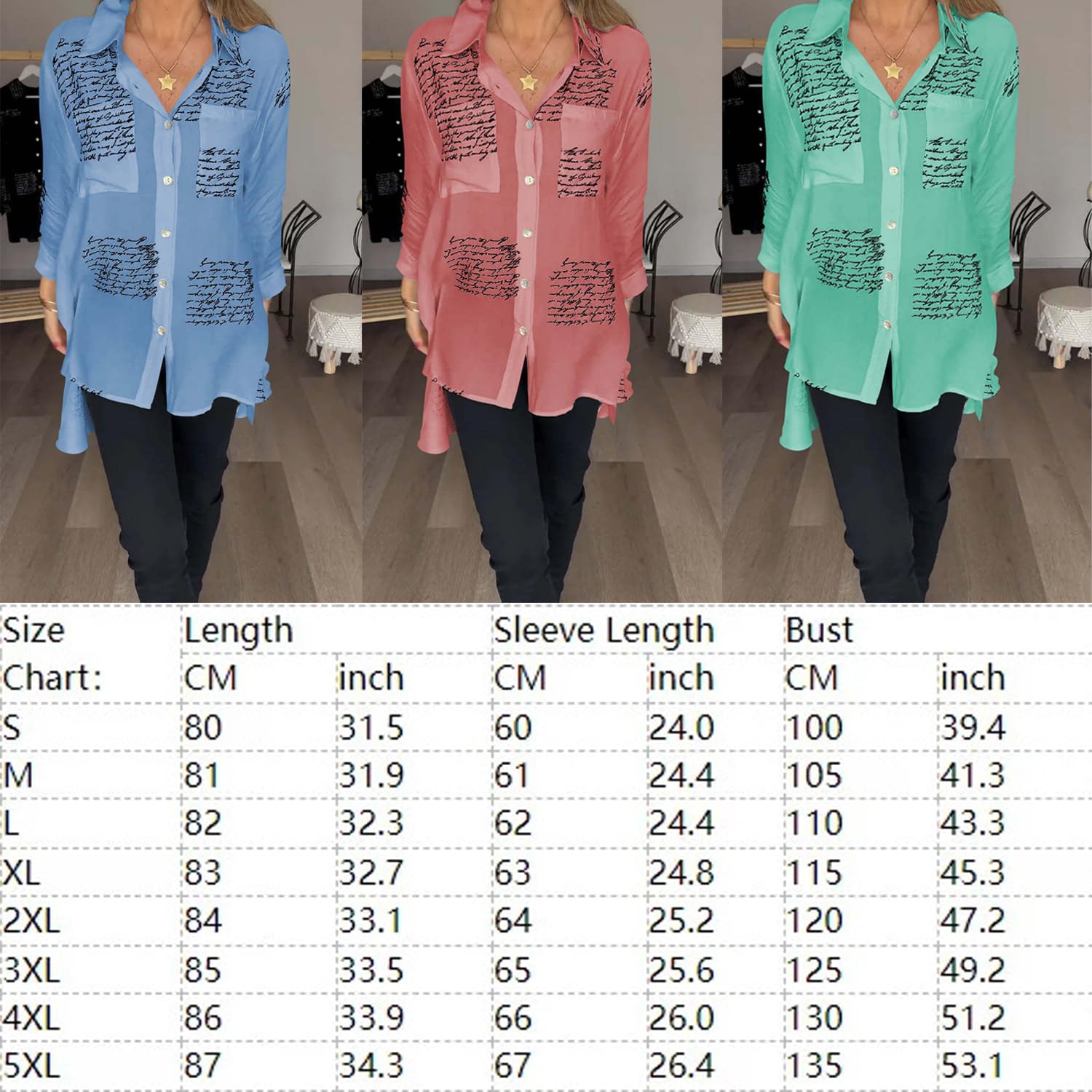 Letter Print Fashion Lapel Shirt, Women's Long Sleeve Print Button Down Shirts Casual Loose Blouse Tops (Black,L)