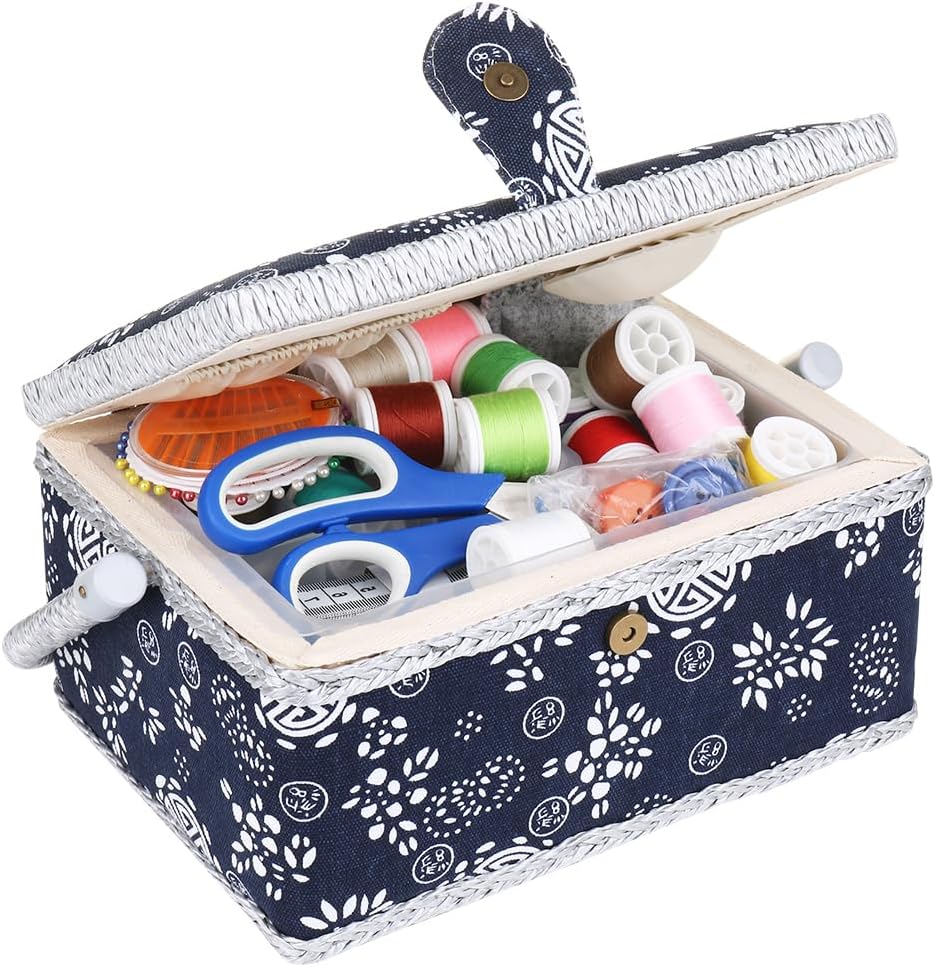 Large Sewing Box with Accessories Sewing Storage and Organizer with Complete Sewing Kit Tools, Navy