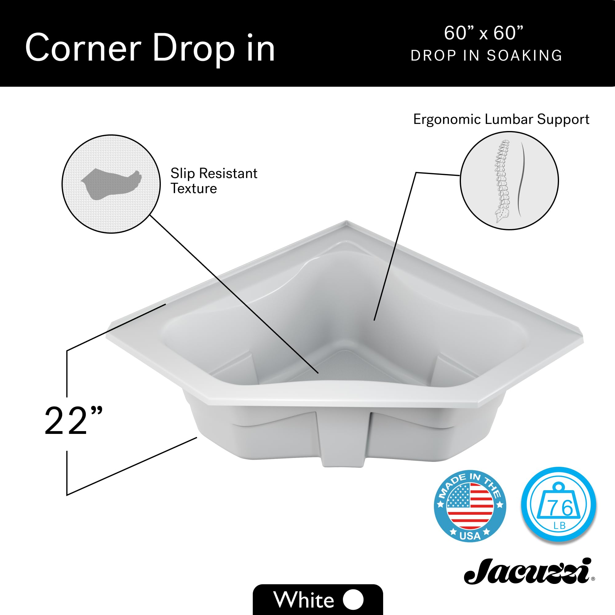 Jacuzzi J5D6060BCXXXXW Jacuzzi J5D6060 BCX XXX シグネチャー 60インチ コーナーソーキングバスタブ  センタードレイン付き