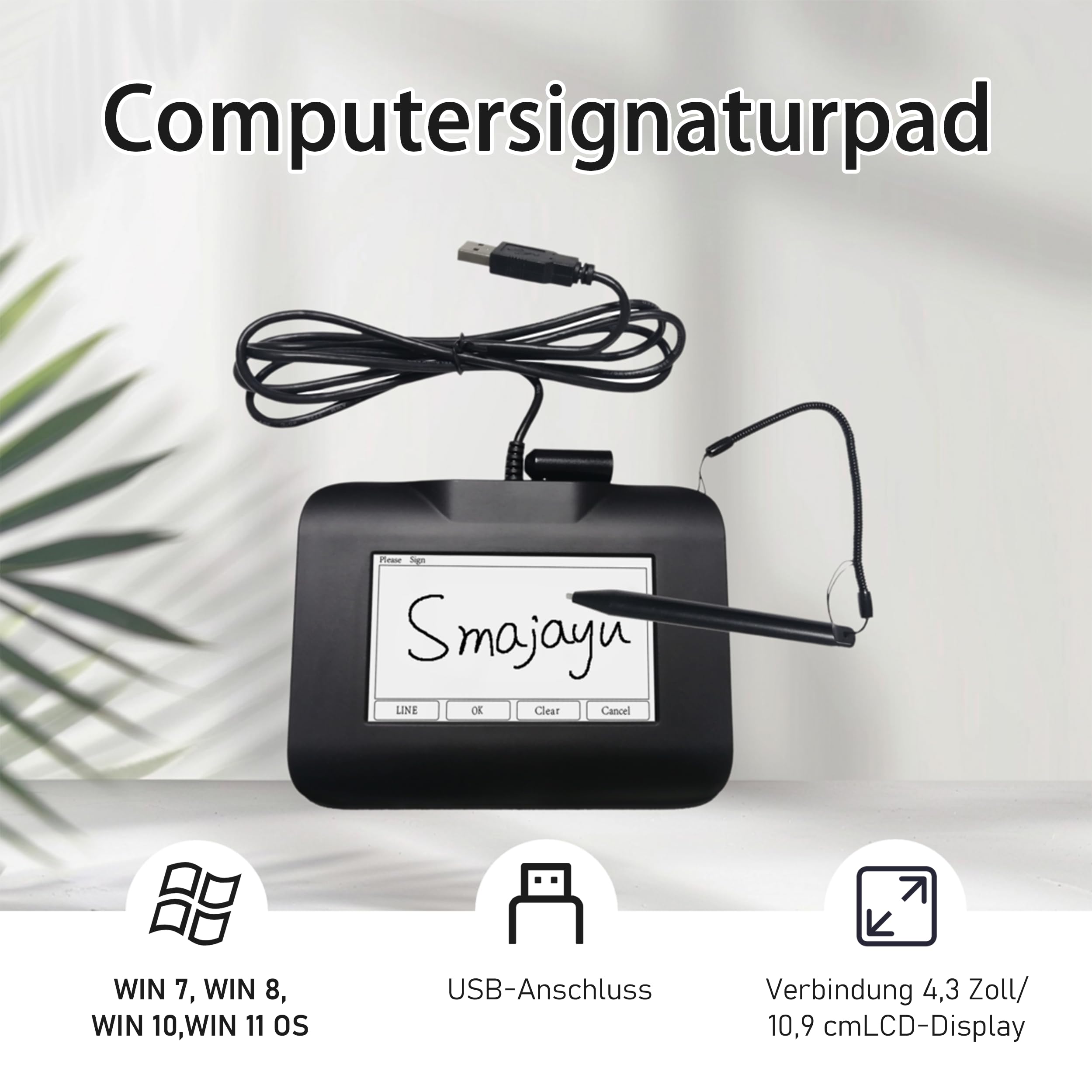 Das elektronische Signaturpad FP430S mit USB-Anschluss ist kompatibel mit Computern und Laptops unter Windows 7, 8, 10 und 11. Ein Signaturstift ist im Lieferumfang enthalten. 4,3-Zoll-LCD-Farbdisplay