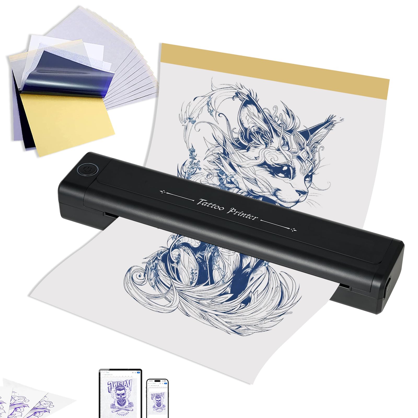 Stampante per stencil per tatuaggi, Bluetooth, con 10 fogli di carta di trasferimento, portatile, 203 dpi, ad alta risoluzione, per principianti e artisti, compatibile con smartphone e PC