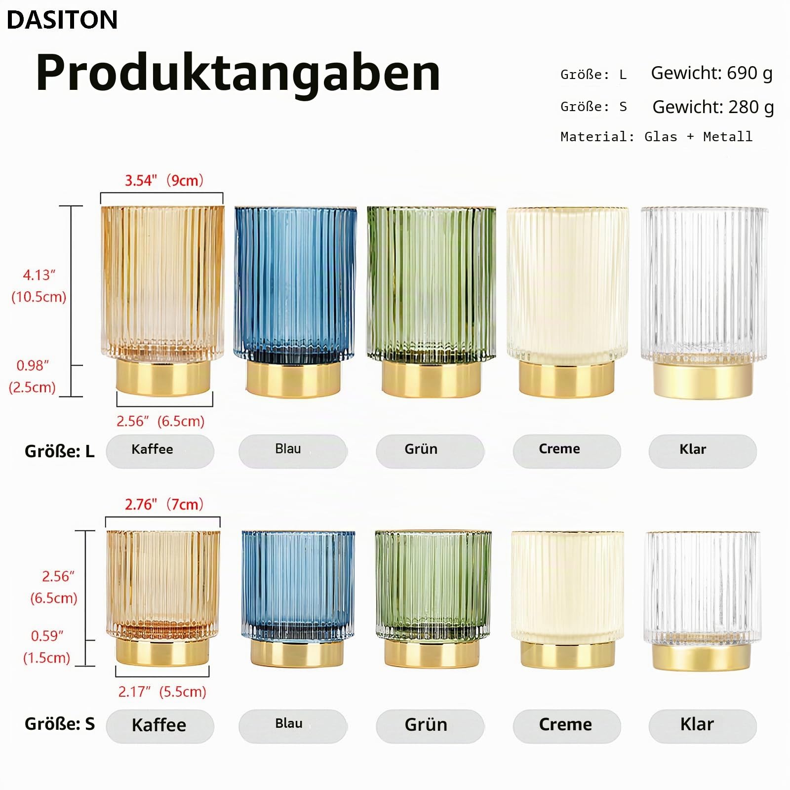 DASITON Make up Pinsel Organizer,Kosmetik Organizer Gold,Pinsel Organizer aus Glas,Pinselhalter Kosmetik,Makeup Brush Holder,Pinselhalter,Pinsel Aufbewahrung für Schlafzimmer,Badezimmer(Clear S+L)
