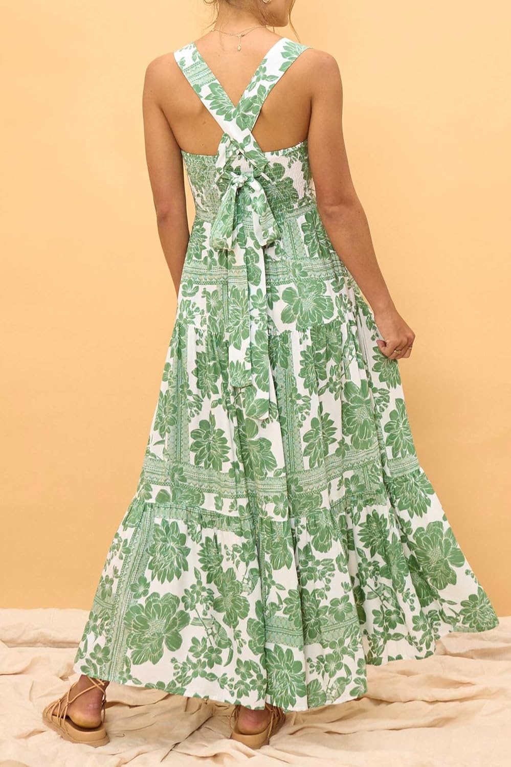 Women's Loose Floral Bohemian Spaghetti Strap Tiered Ruffle Flowy Boho Long Maxi Tent Dress with Pockets