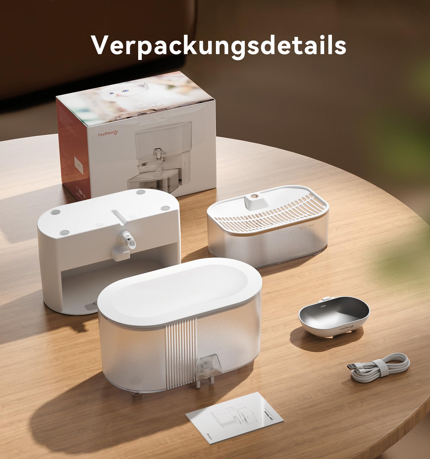 Trinkbrunnen für Katze Kabellos ohne Filter, FEELNEEDY Frischwasser getrennt von Abwasser ohne Wasserkreislauf, 2000mAh Akkubetrieb Katzenbrunnen, Trinkschale aus Edelstahl, 3,5L Tank (Weiß)