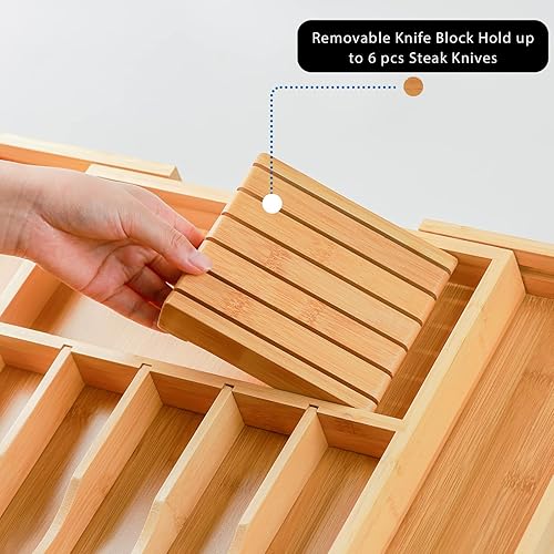Miniatura 4 de Wencrfat - Organizador de cajones de cubiertos con bloque de cuchillos extraíble y divisores, organizador de cajones de cocina de bambú expandible,