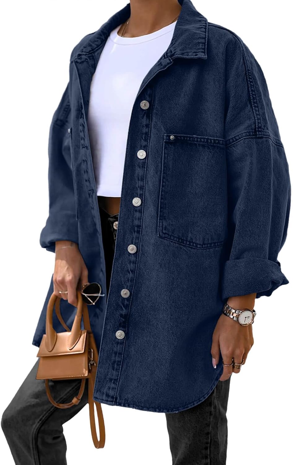 Saodimallsu Women's Oversized Denim Jackets Casual Button Down Long Boyfriend Jean Coats with Pockets - Image 3