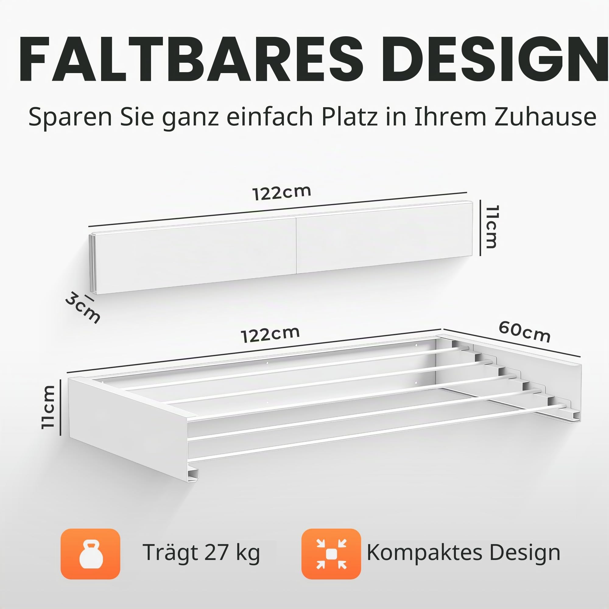 JUPPLIES Wandwäschetrockner Ausziehbar 120 cm – Faltbarer Wäscheständer für Innen & Außen – Platzsparender Wandtrockner aus Aluminium mit 30 kg Tragkraft (Weiß)