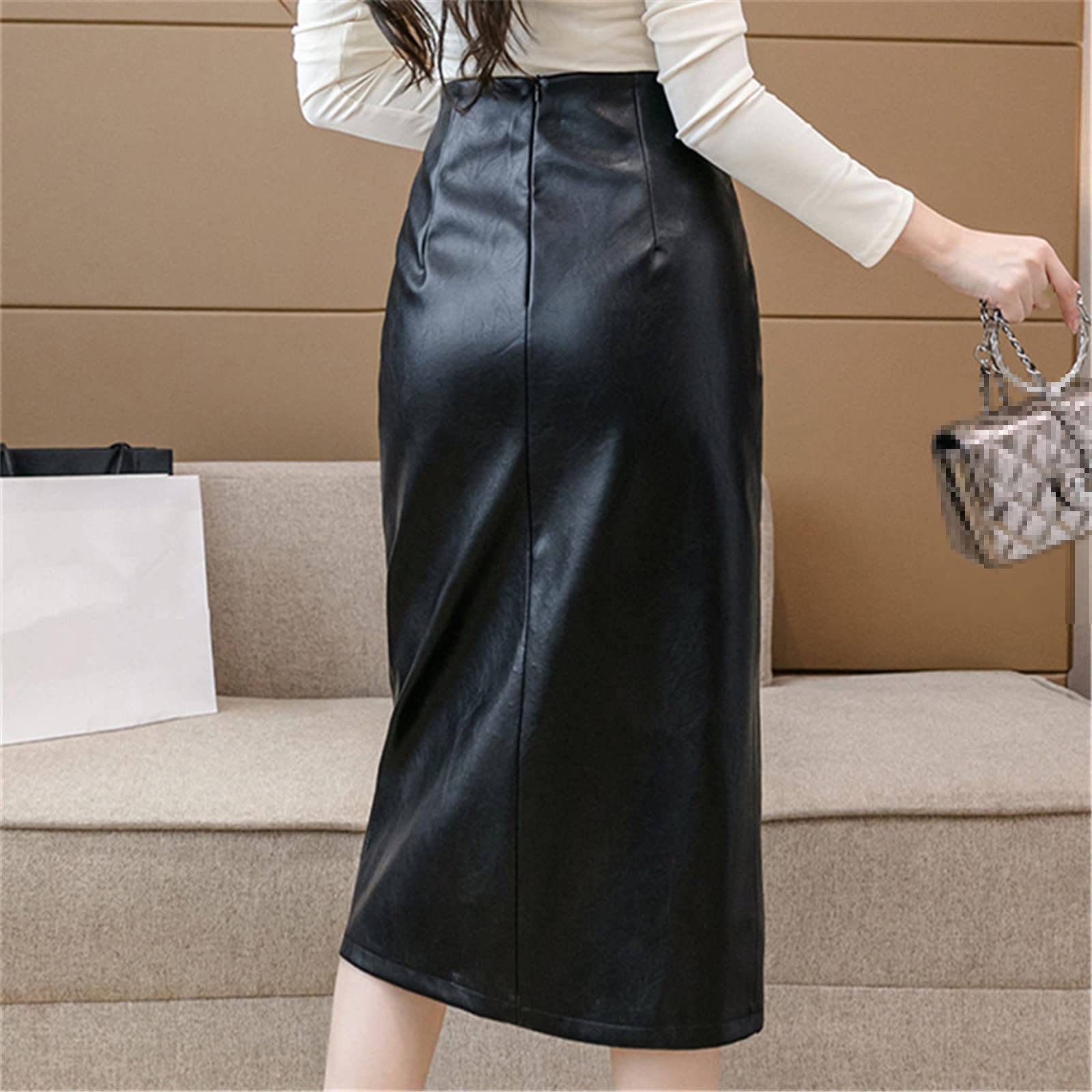 Gonne da donna in pelle PU nera avvolgente da donna Ufficio a vita alta anteriore diviso gonne Midi da donna autunno femminile