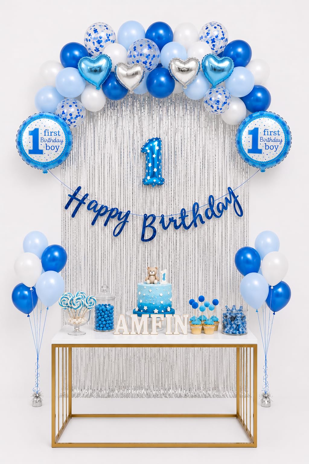 AMFIN (Pack of 43) 1st Month Year HBD Boy Theme Birthday Decoration Kit Metallic Finish Boys Item Blue White Sitting Baby-image-46