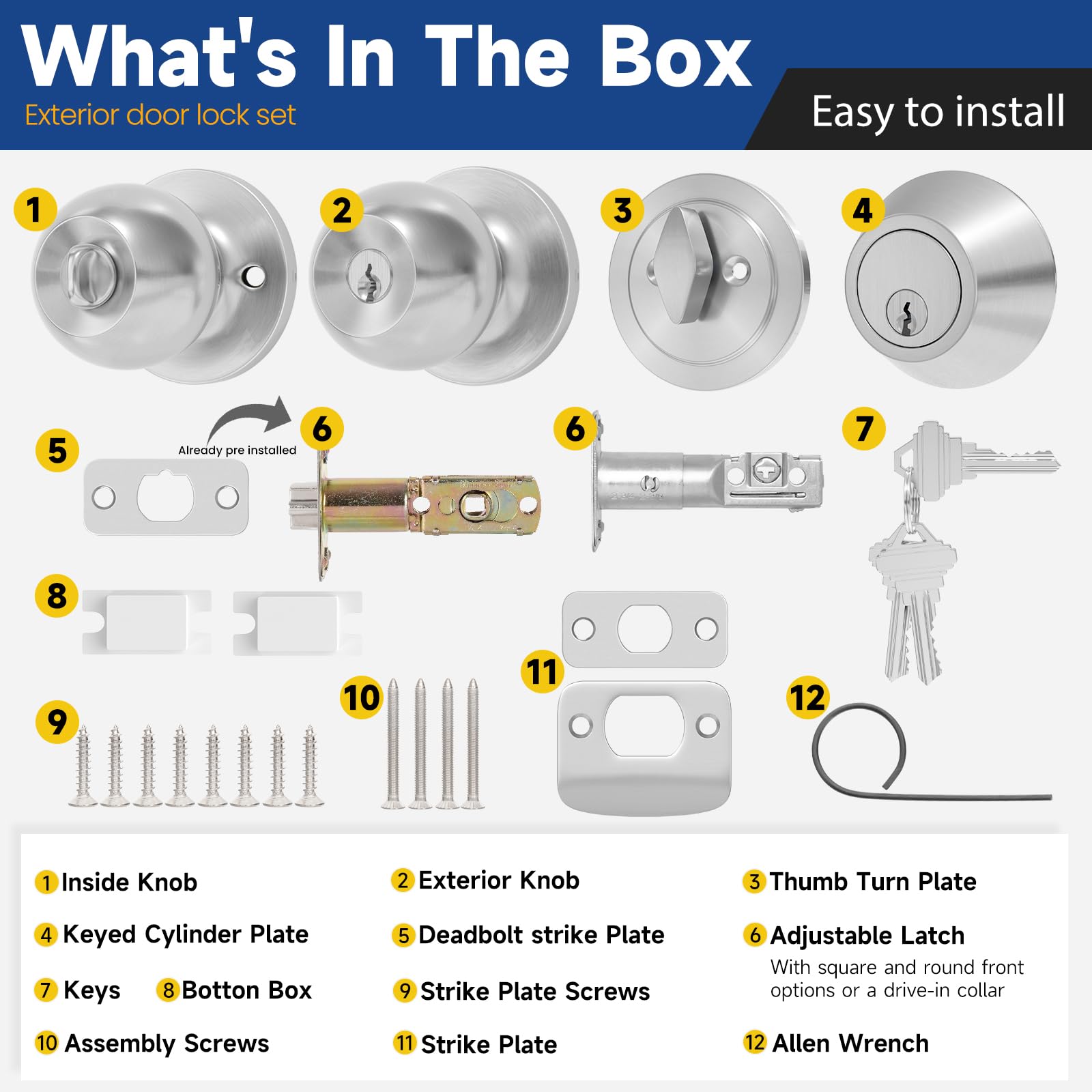 Keyed Door Lock Set - Satin Nickel Front Door Lock -6