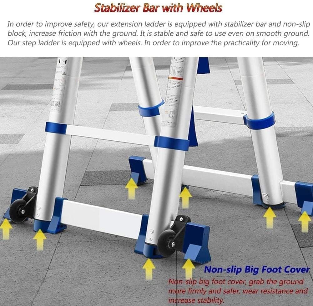 OKUOKA Collapsible A-Frame Telescoping Ladder with Wide Top Platform & Wheels, Household Daily & Attic? Telescopic Extension Ladders (Size : 2.05m+2.05m/6.7ft+6.7ft)