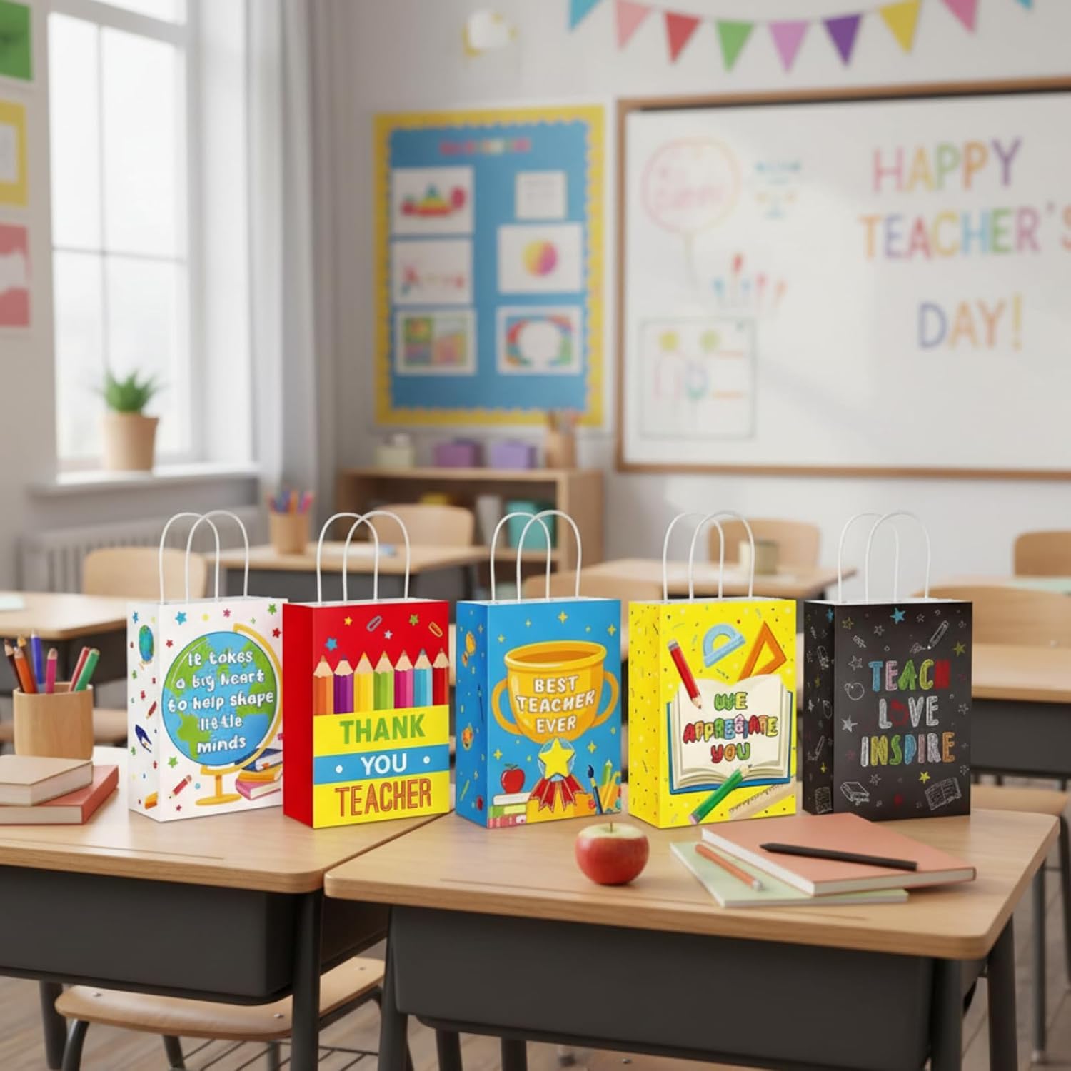 Yeaqee 48 Pcs Teacher Appreciation Gift Bags Bulk with Handles, 8.3 x 6 x 3.1 Inch Thank You Treats Paper Bags for Back to School End of The Year Graduation Teachers' Day Gift Classroom Party Favors