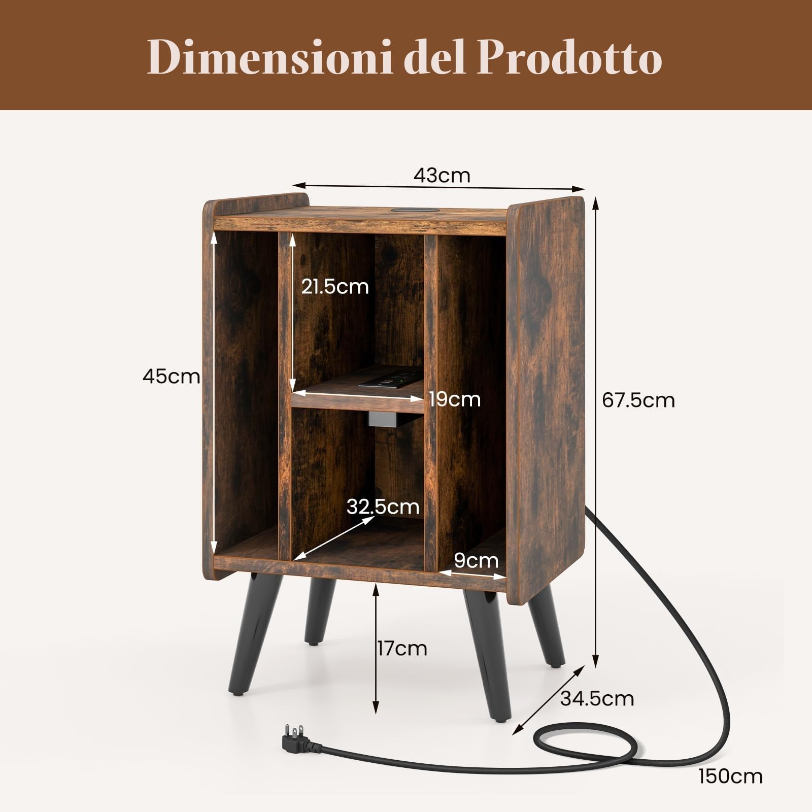 KOMFOTTEU Supporto per Giradischi in Vinile con Stazione di Ricarica, 4 Scomparti Aperti, Mobile Giradischi Potato 90kg, Espositore per Dischi per Ufficio, Soggiorno, 43 x 34,5 x 67,5 cm (Marrone)