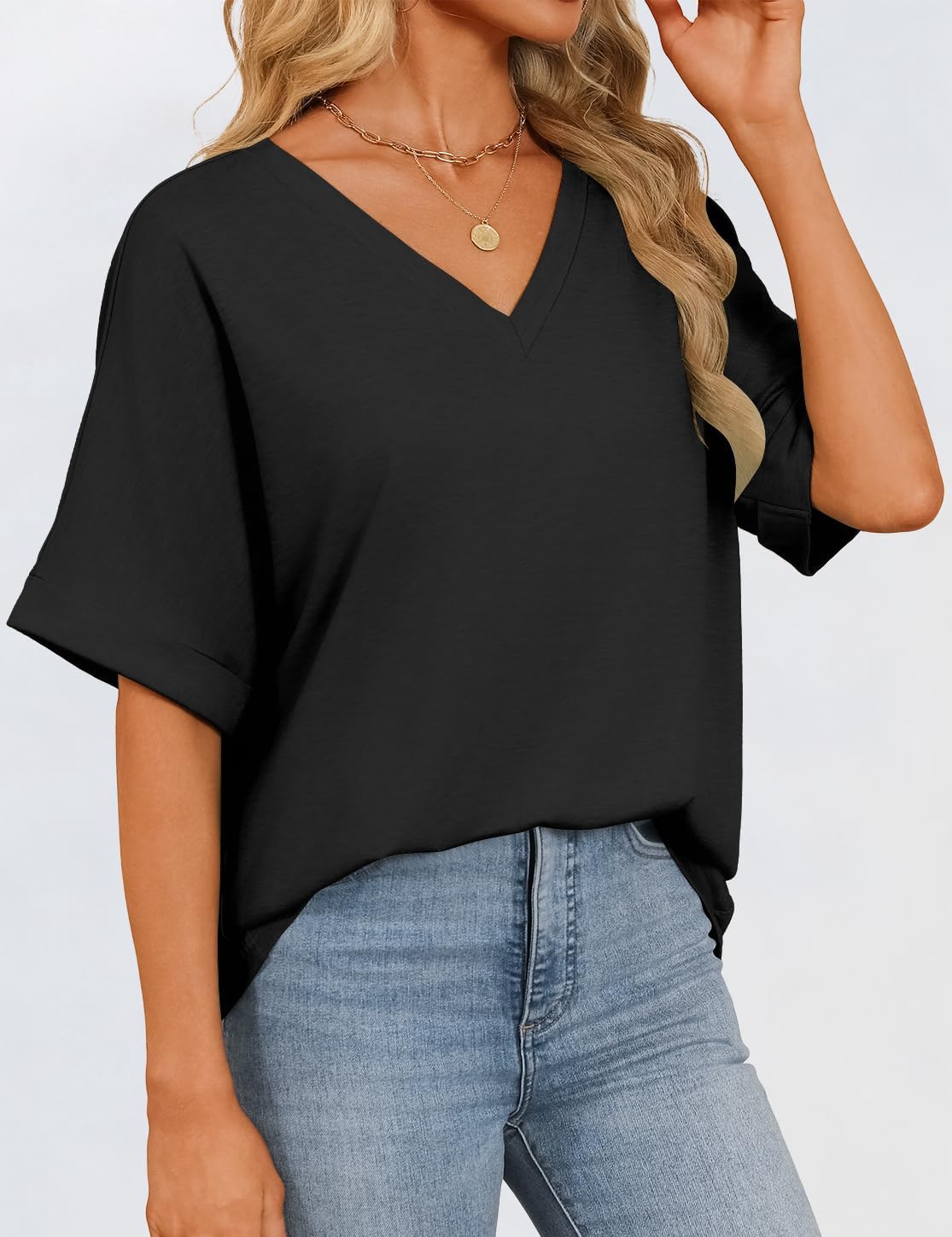 GKBK Womens Oversized T Shirts V Neck Loose Fit Shirts Short Sleeve Summer Casual Tops 2025 Trendy Blouses Y2K Plain Tees