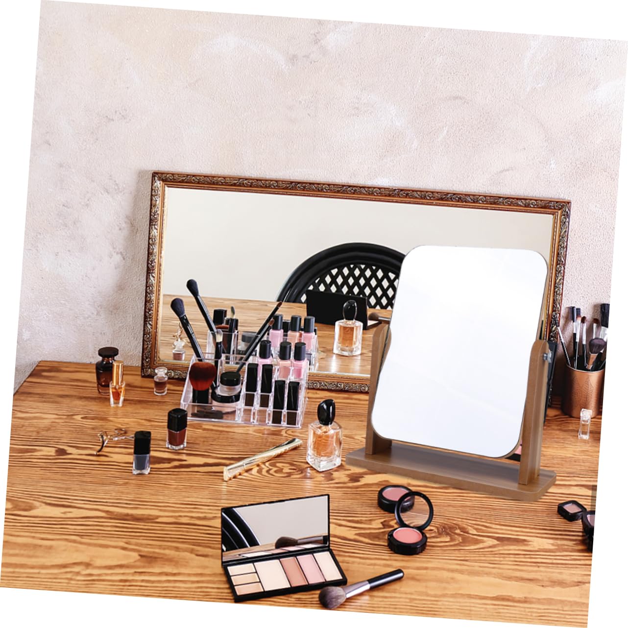 BESTYASH Gray Wooden Desktop Makeup Mirror Household Mirror for Home Salon Use Elegant Design for Makeup and Hairstyles for Makeup Lovers