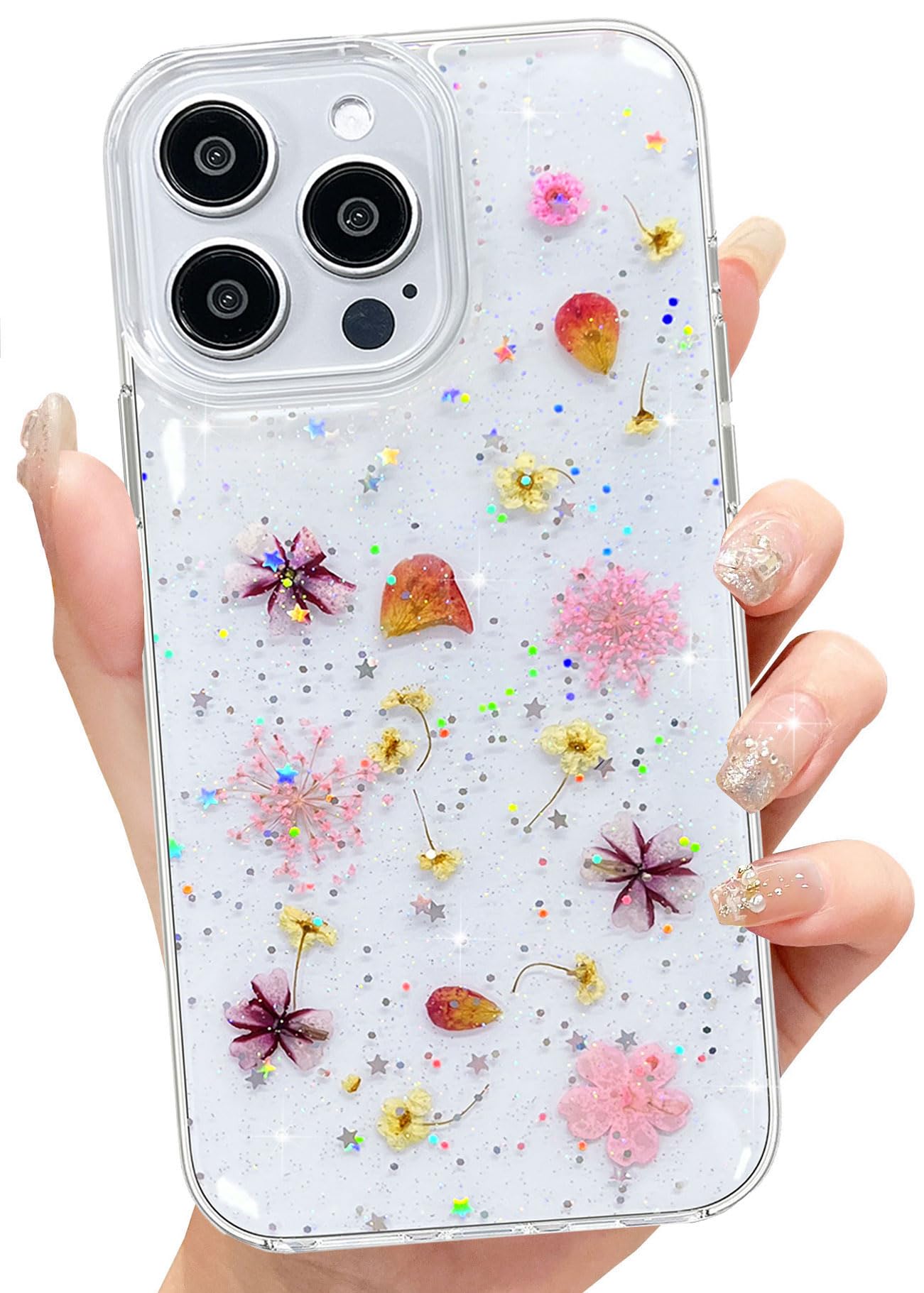 Abbery for iPhone 15 Pro Max Case Floral Cute Design Glitter&Sparkle Clear with Real Dried Pressed Pink Flowers Pattern Slim Soft TPU Protective Women