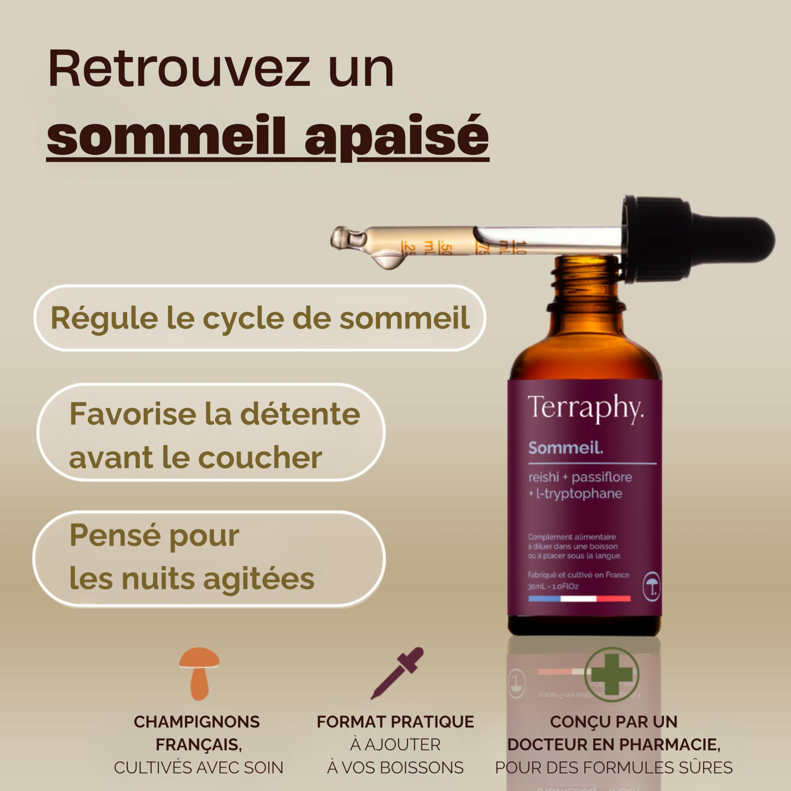 Cure Sommeil 30 jours Champignons Adaptogènes - Reishi, Passiflore & L-Tryptophane - Sommeil Réparateur et Nuit Paisible - Formule Liquide Bio Ultra Efficace