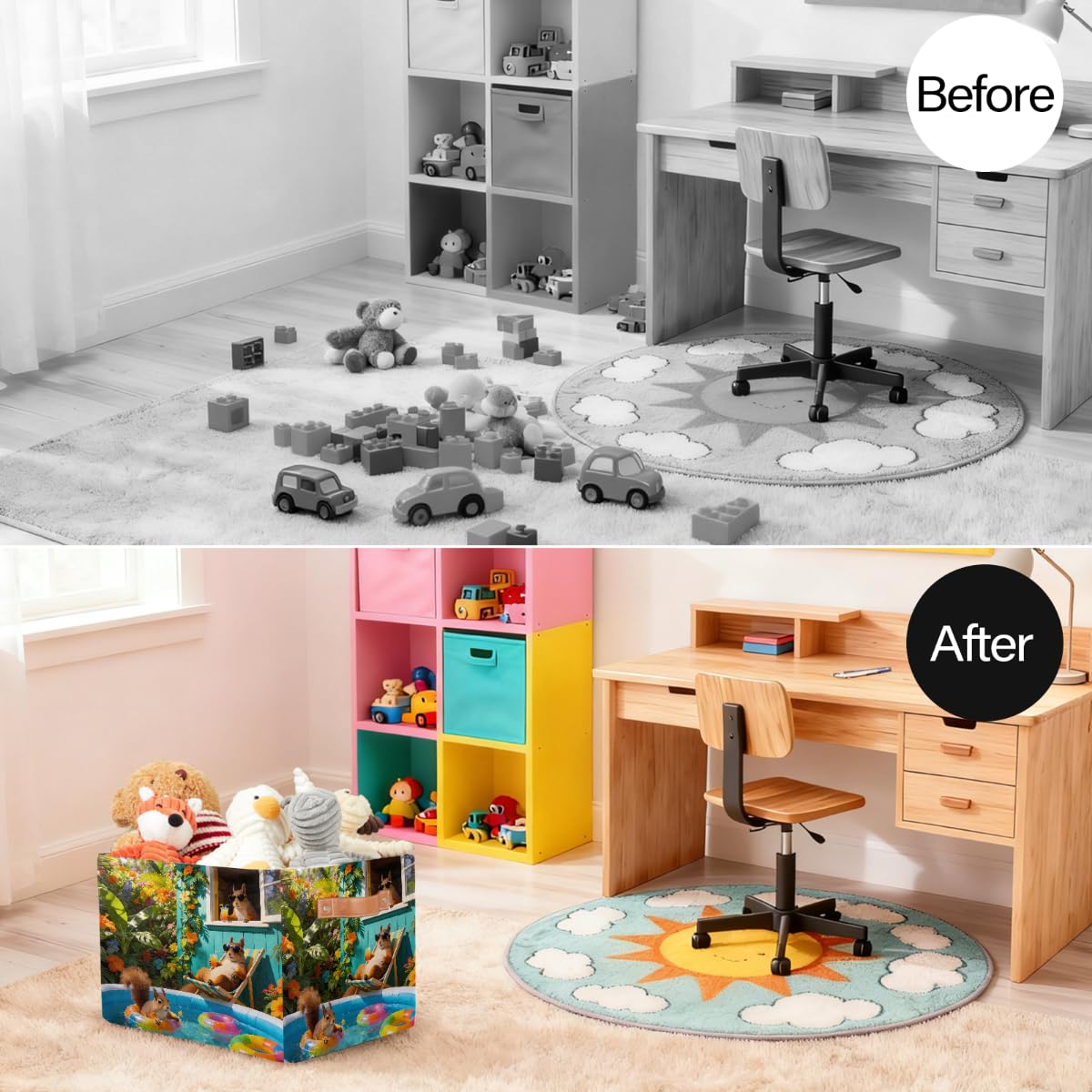 Lustiger Sommer-Eichhörnchen-Aufbewahrungskorb mit Ledergriffen, faltbarer Stoff-Aufbewahrungskorb für Schrank, Badezimmer, Wohnzimmer, Büro, Spielzeug, Organizer, Wäschekorb, 2 Stück