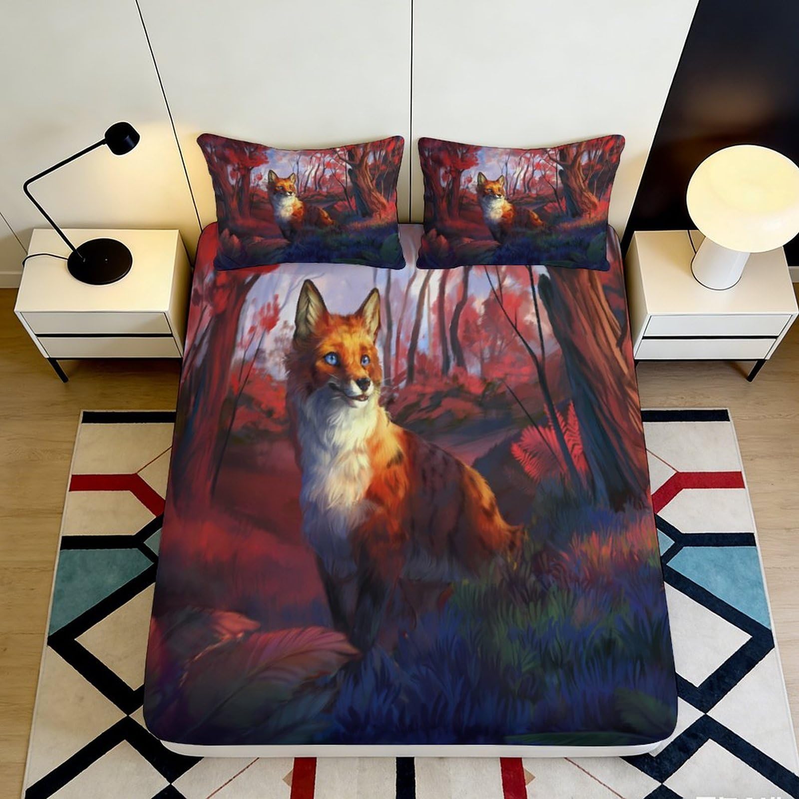 3D Printed Fox Forest Fitted Sheet Microfiber Soft Durable Autumn Woodland Bed Cover for Bedroom Dormitory Guest Room Mattress Protection Decor 200x200x25cm
