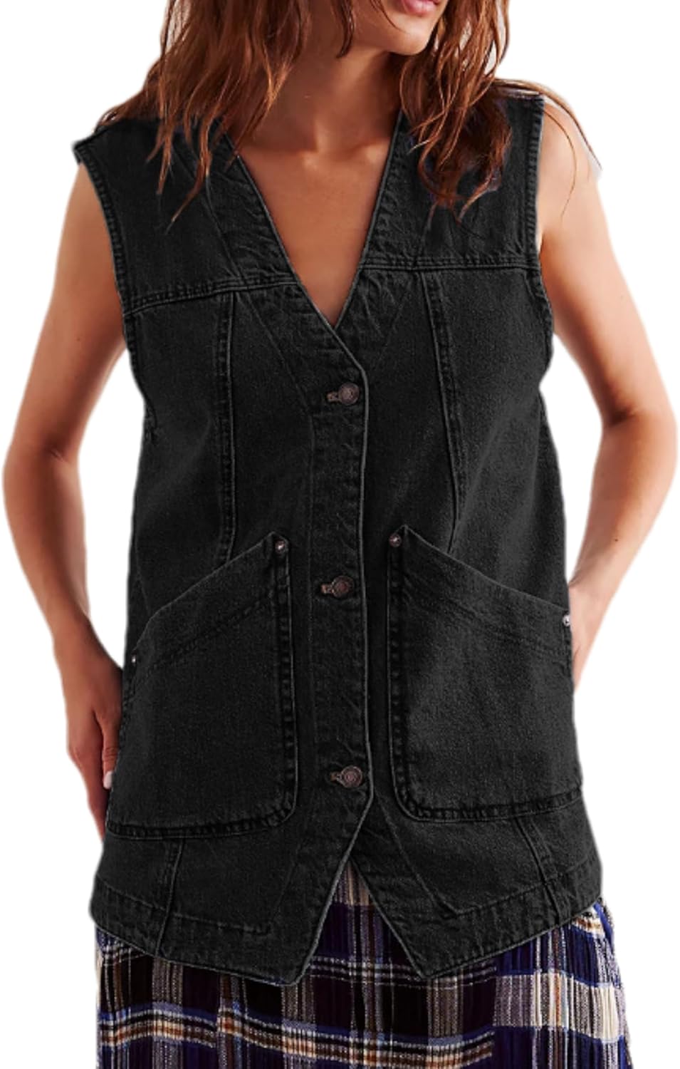 Zontroldy Women's Denim Vest V Neck Button Down Sleeveless Jeans Jacket Outerwear Vests with Pockets