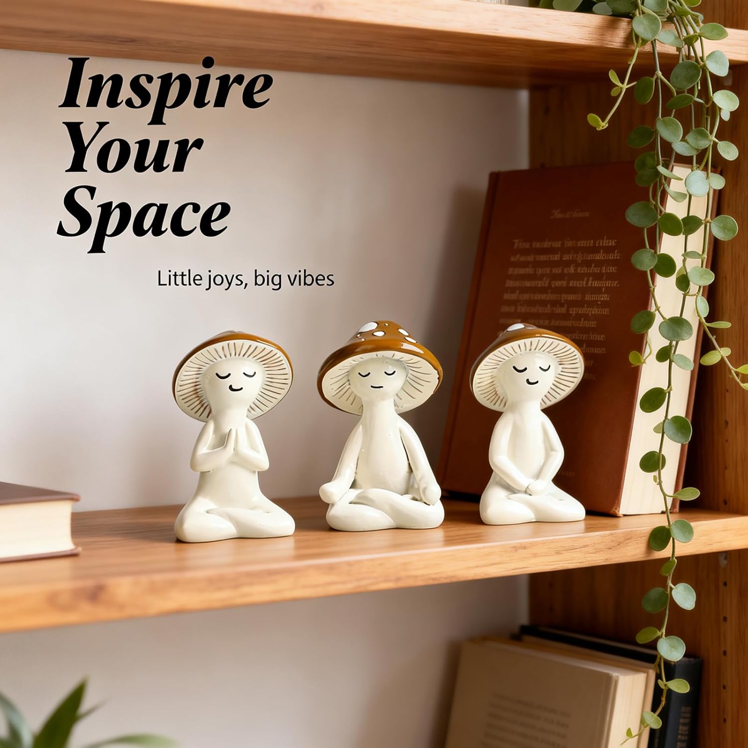 3 Pcs Mushroom Decor Figurines - Meditation Decor Statues for Living Room, Bedroom, Office - Resin Sculptures for Mindfulness Enthusiasts Home Decor Lovers Nature Lovers (White-Brown)