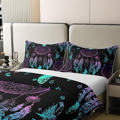 Miniatura 4 de Funda de edredón de 100 % algodón para niñas, tamaño Queen, funda de edredón de plumas bohemias, color morado, verde azulado, juego de ropa de cama