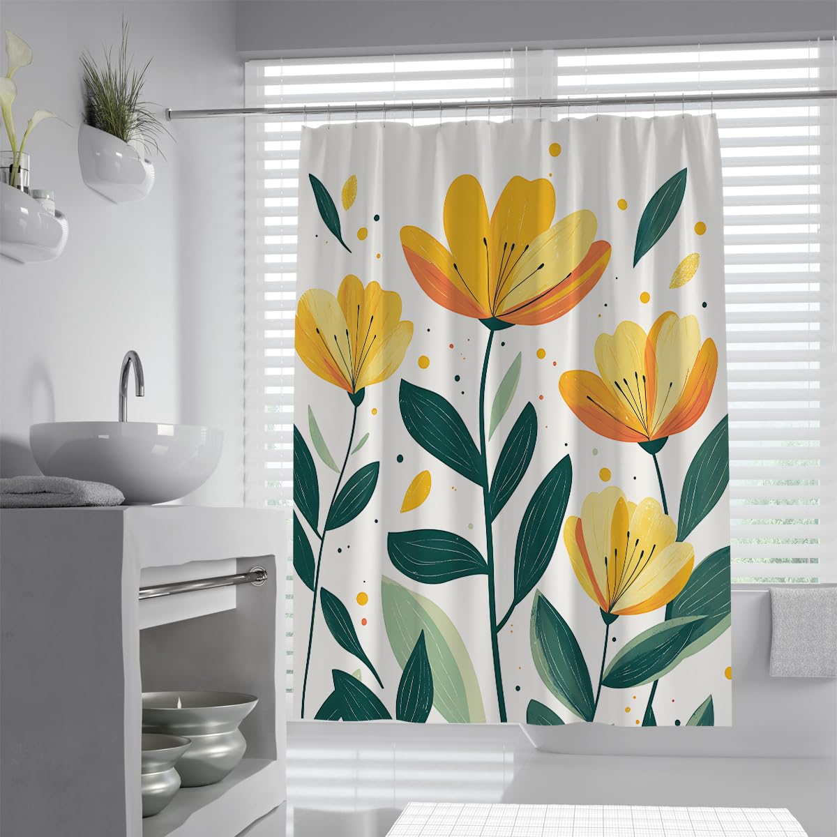 UIRINGART Yellow Flower Shower Curtain W100xL180cm Botanical Print Waterproof Anti Mould Quick Dry Machine Washable Bathroom Decor with Hooks
