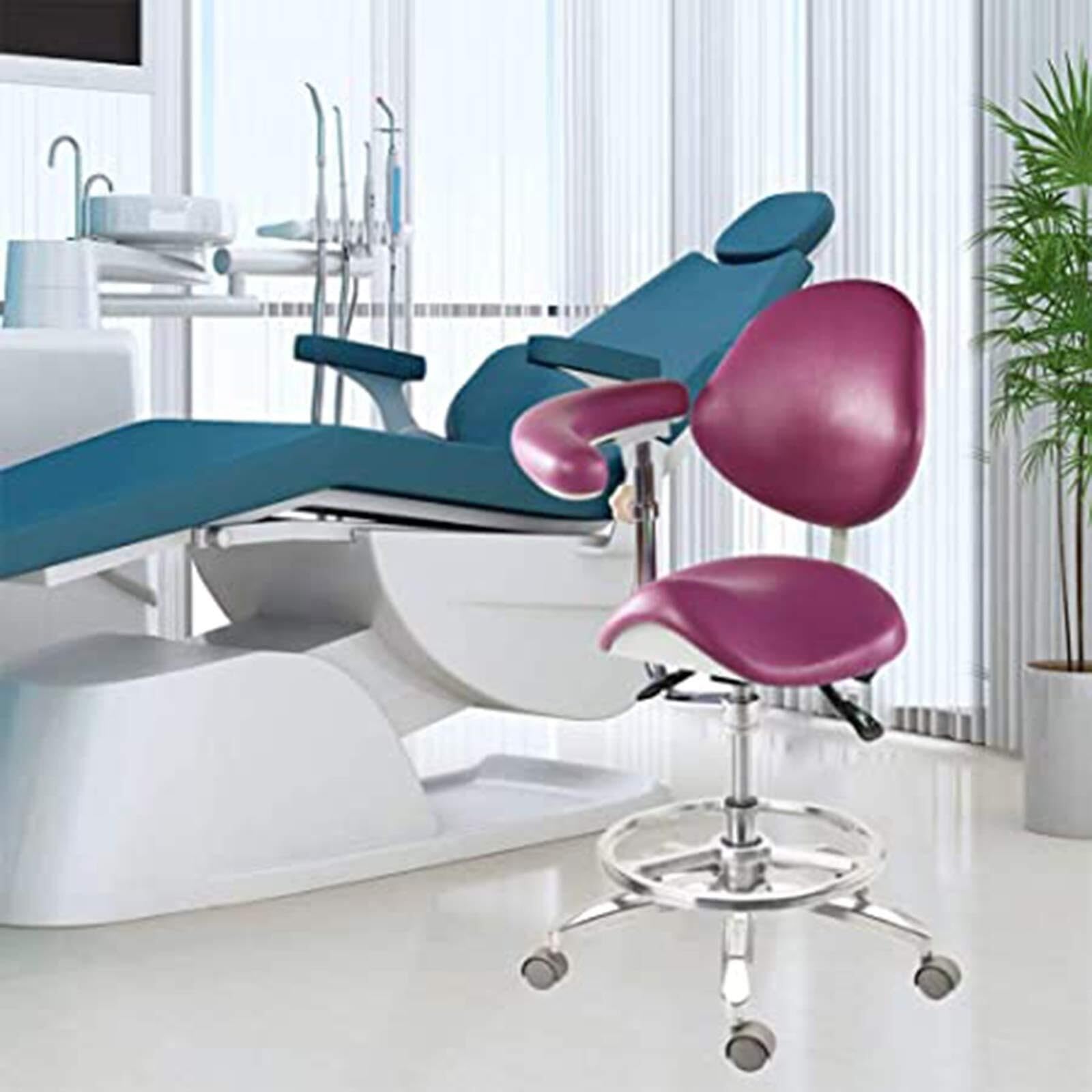 Ergonomiczny taboret siodłowy z regulowanym oparciem i obrotowym podnoszeniem, idealny dla profesjonalistów w zakresie stomatologii, włosów, tatuażu i spa