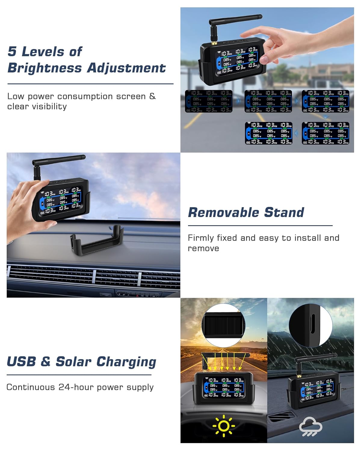 6-Wheel RV Tire Pressure Monitoring System TPMS Tire Pressure Monitor System RV Trailer 6 Sensors 130 PSI Signal Booster Antenna 66ft Solar/USB Charging for Travel Trailer Truck Color Display