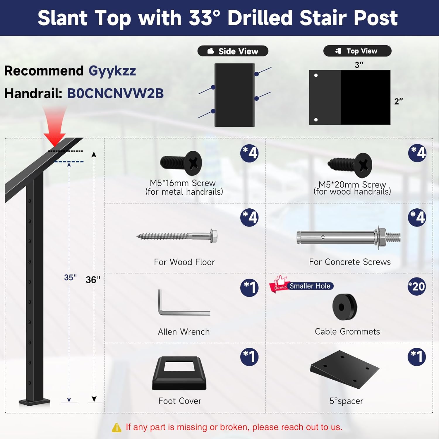 Stair Cable Railing Post 36" Slant Fixed Top 33 Drilled with Cable Grommets, Stainless Steel Black Stair Deck Post with 5-Degree Spacers Fit for 28-38 Degrees Stairway
