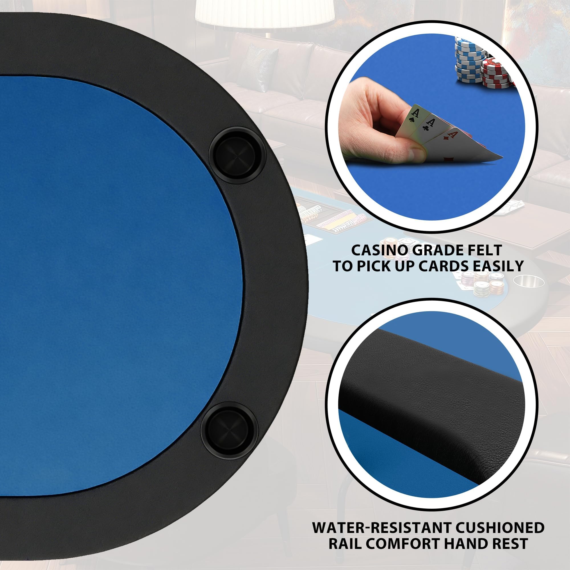 Garvee Table De Poker Pliable à 9 Joueurs - Table De Jeu Circulaire avec Pieds en Fer, Plateau Bleu en Plastique, Porte-Gobelets pour Soirées De Jeux, Casino Maison Et Événements Familiaux