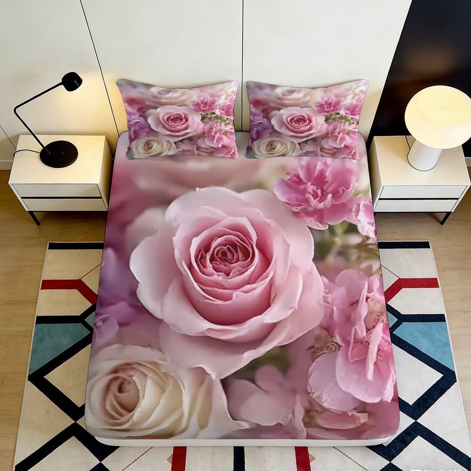 Uxinyoume Style-5 3D Printed Pink Rose Fitted Sheet Microfiber Soft Floral Bed Sheet Romantic Peony Mattress Cover For Bedroom Decor 90X200x25cm