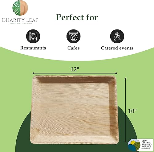 Miniatura 3 de Bandejas desechables de hoja de palma de 12 x 10 pulgadas (100 piezas) platos de bambú para servir, tablas desechables, vajilla ecológica para